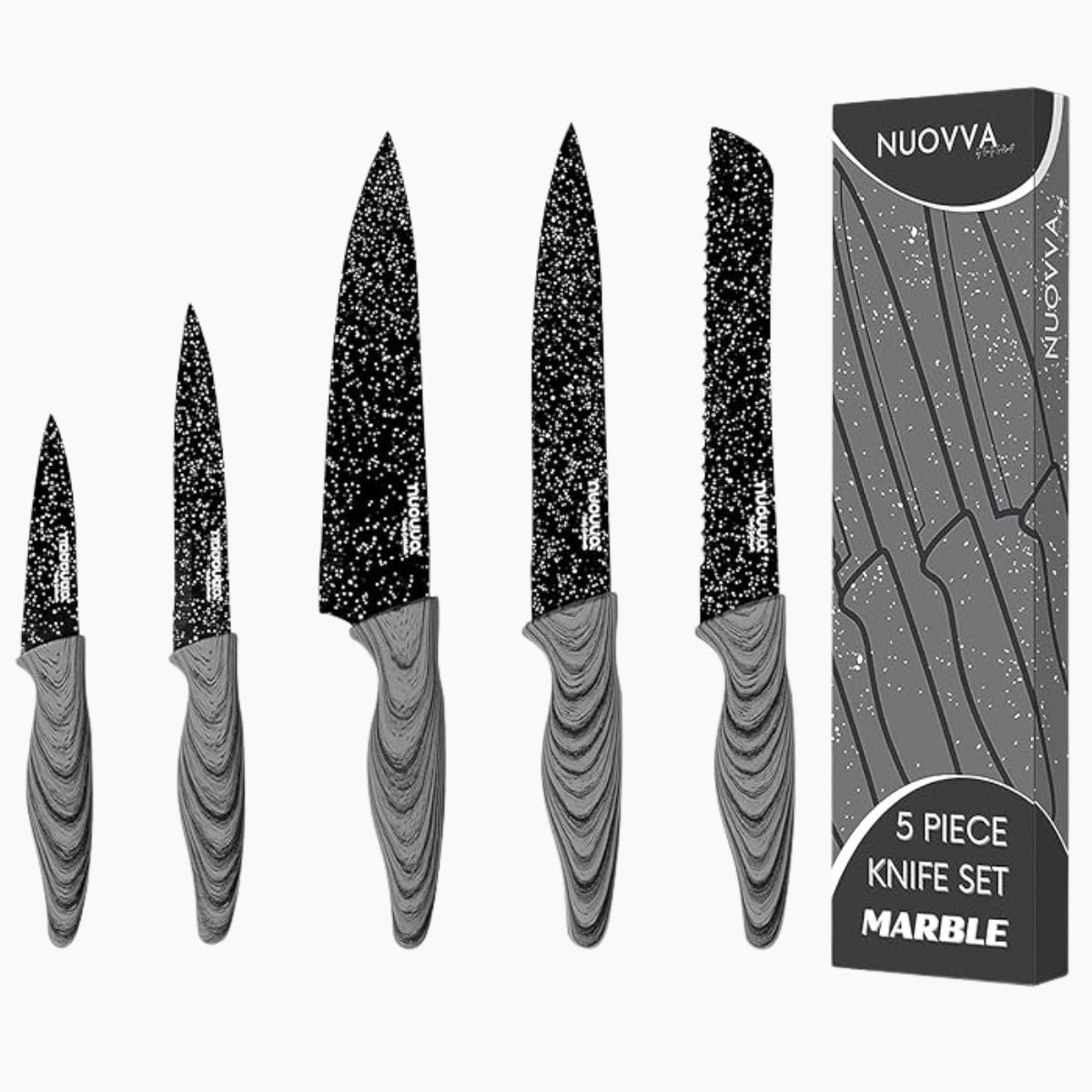 Nuovva set of 5 kitchen knives includes chefs knife, utility knife, filleting knife, paring knife and paring knife with marble effect blade and handle.
