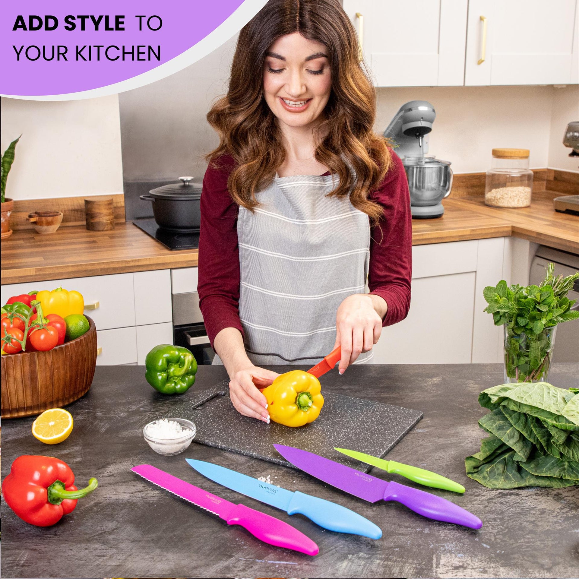 Add style to your kitchen with Nuovva 5pcs kitchen knife set - colour-coded to avoid cross-contamination.