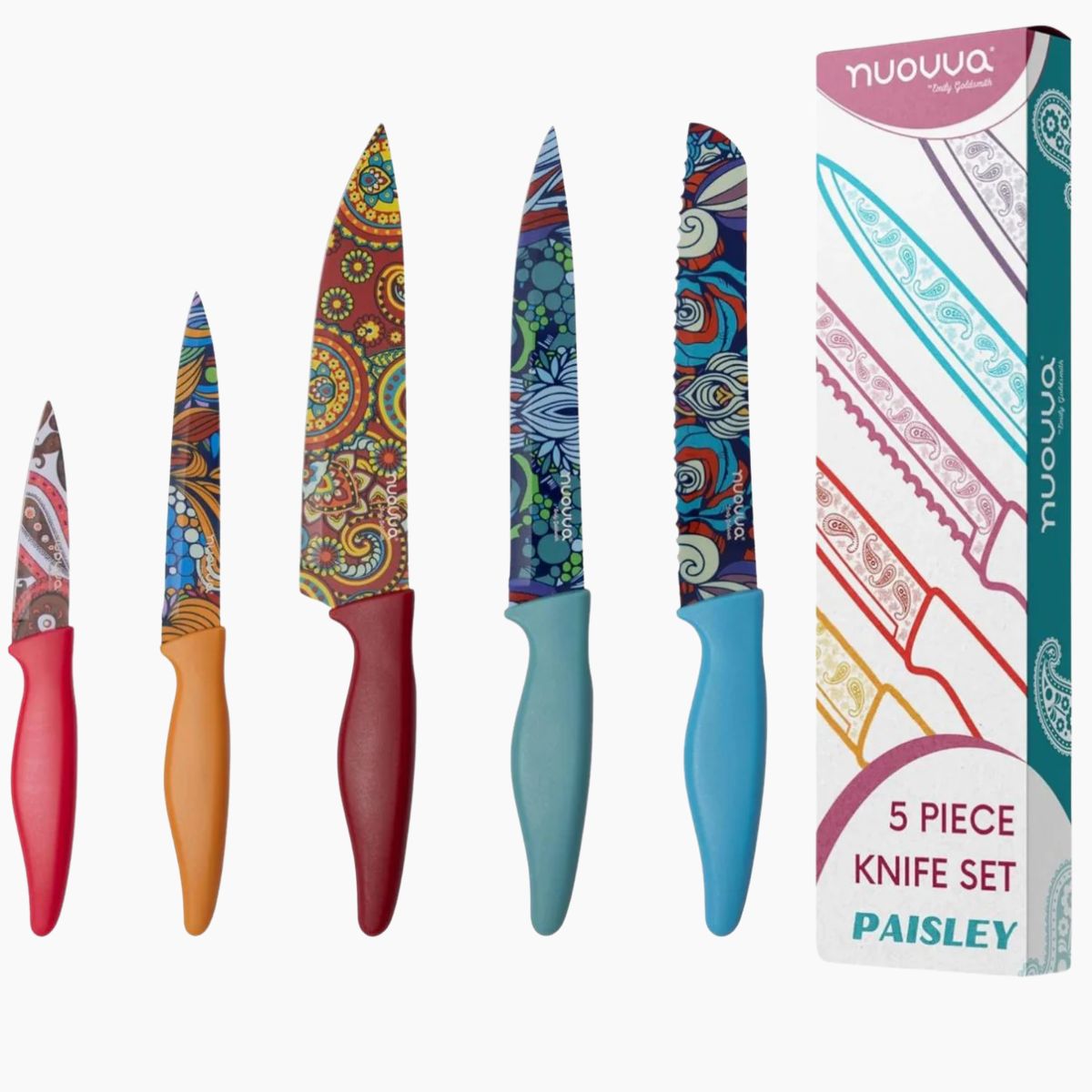 Nuovva 5 piece kitchen knife set with paisley pattern including chef knife, utility knife, filleting knife, paring knife and bread  knife.