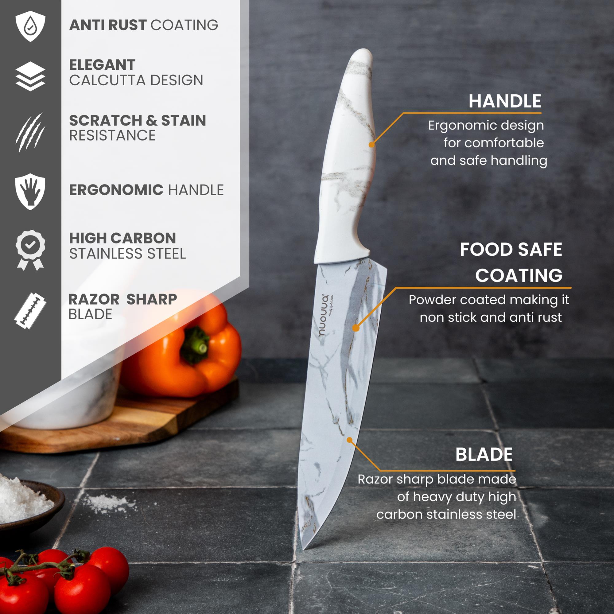 Nuovva kitchen knife set with ergonomic handles and razor sharp blade of high carbon stainless steel with scratch and stain resistance.