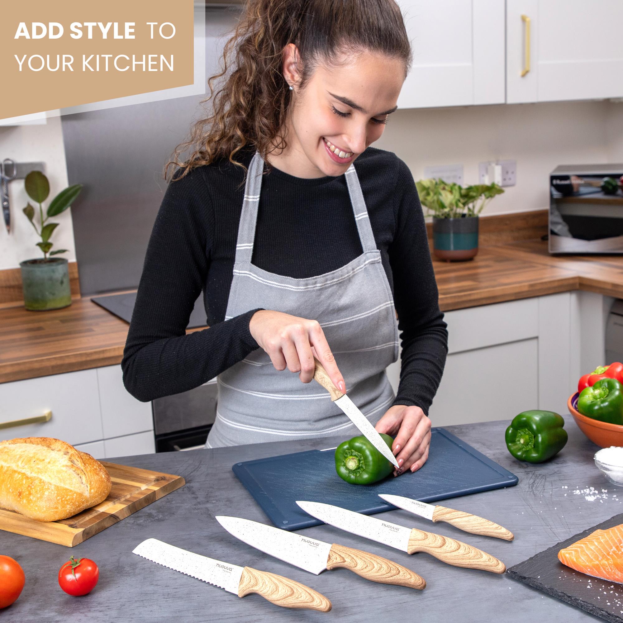 Nuovva set of 5 cream granite kitchen knives include - chefs knife, filleting knife, bread knife, paring knife & utility knife - adds style to your kitchen.