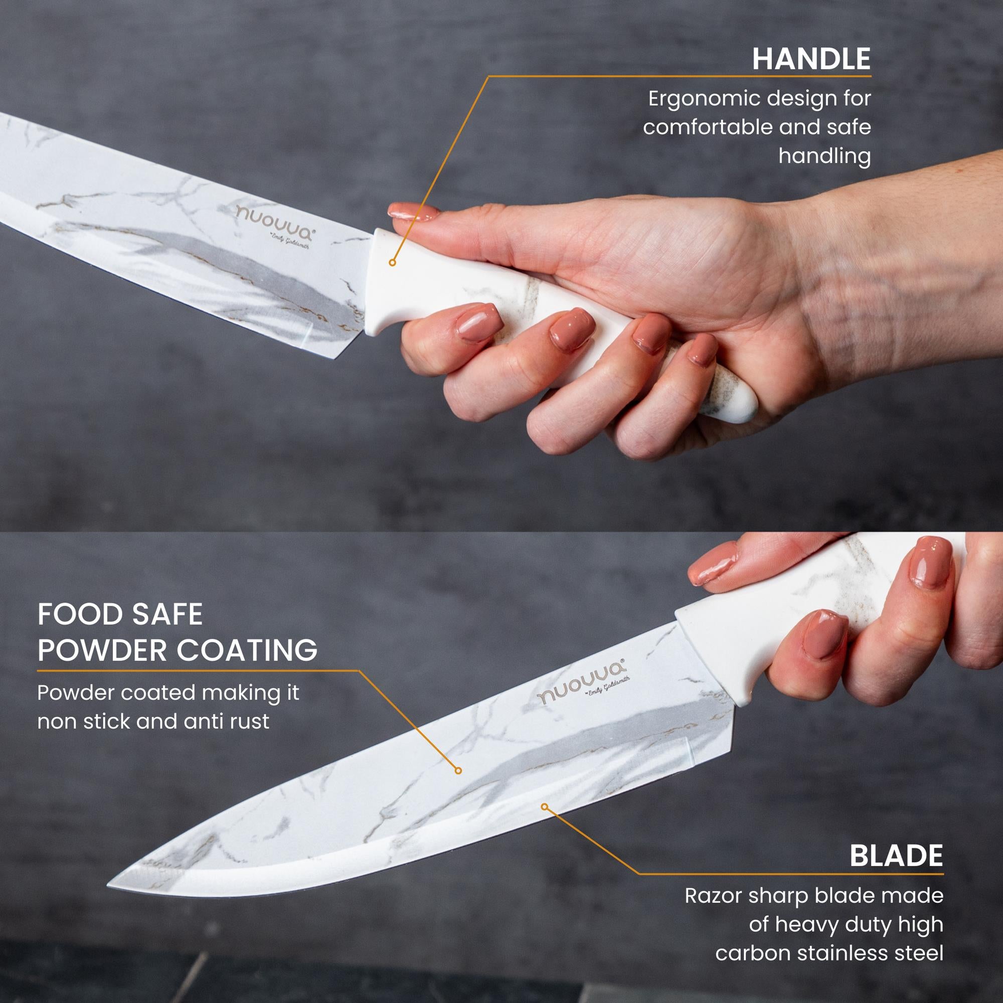 Nuovva kitchen knife set with ergonomic handle and food-safe coated razor sharp blade made of heavy duty high carbon stainless steel.