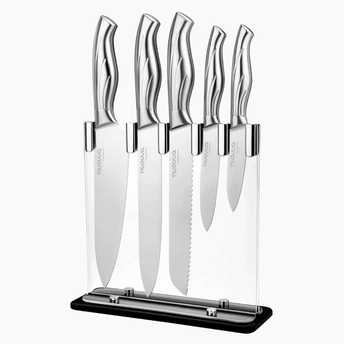Nuovva 5pcs kitsch knife set with clear acrylic block includes chefs knife, bread knife, utility knife, slicing knife and paring knife.