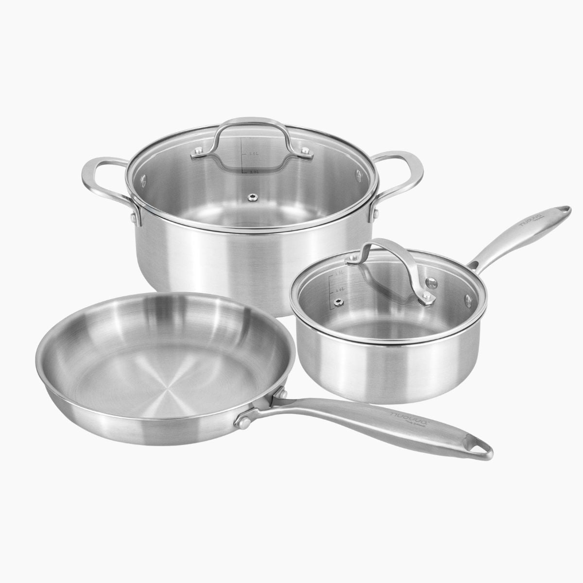 Set of stainless steel cookware including a casserole pot, frying pan and a saucepan with lids