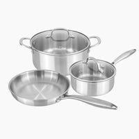 Set of stainless steel cookware including a casserole pot, frying pan and a saucepan with lids