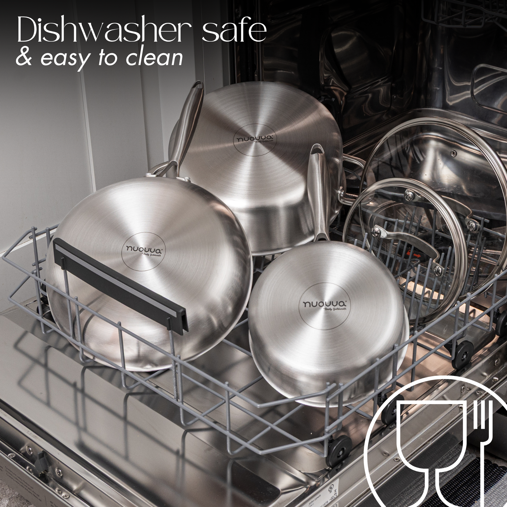 Dishwasher safe stainless steel cookware set with glass lids.