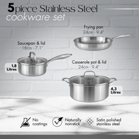 5 piece stainless steel cookware set includes 18cm saucepan & lid, 24cm frying pan and 24cm casserole pot with glass lid.