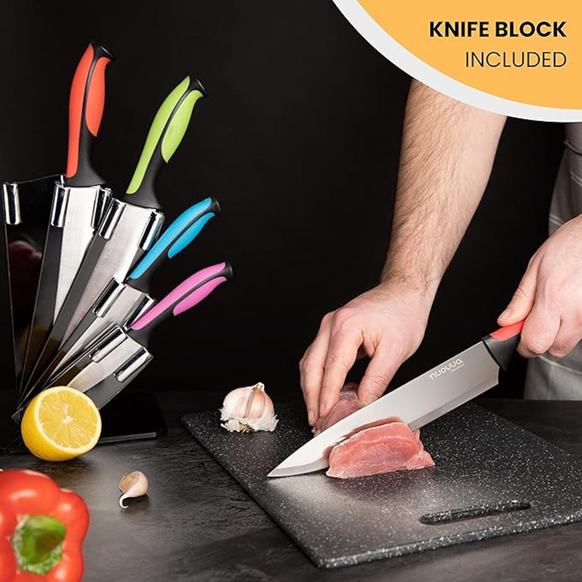Nuovva 5pcs colourful knife set with block for easy storage and use.