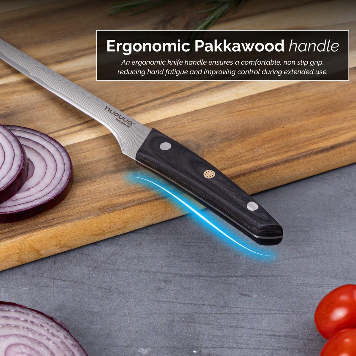 6 inch Damascus steel Japanese boning knife with ergonomic pakkawood handle for non-slip grip