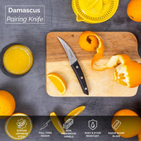 Nuovva Japanese Damascus steel paring knife with full tang design, real Pakkawood handle and stain resistant razor sharp blade