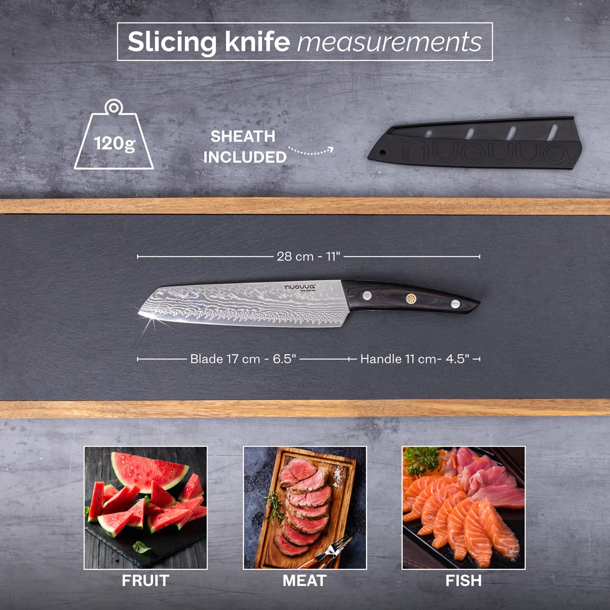 Damascus steel Japanese slicing knife with protective sheath and 6.5inch blade for cutting fruit, meat and fish.