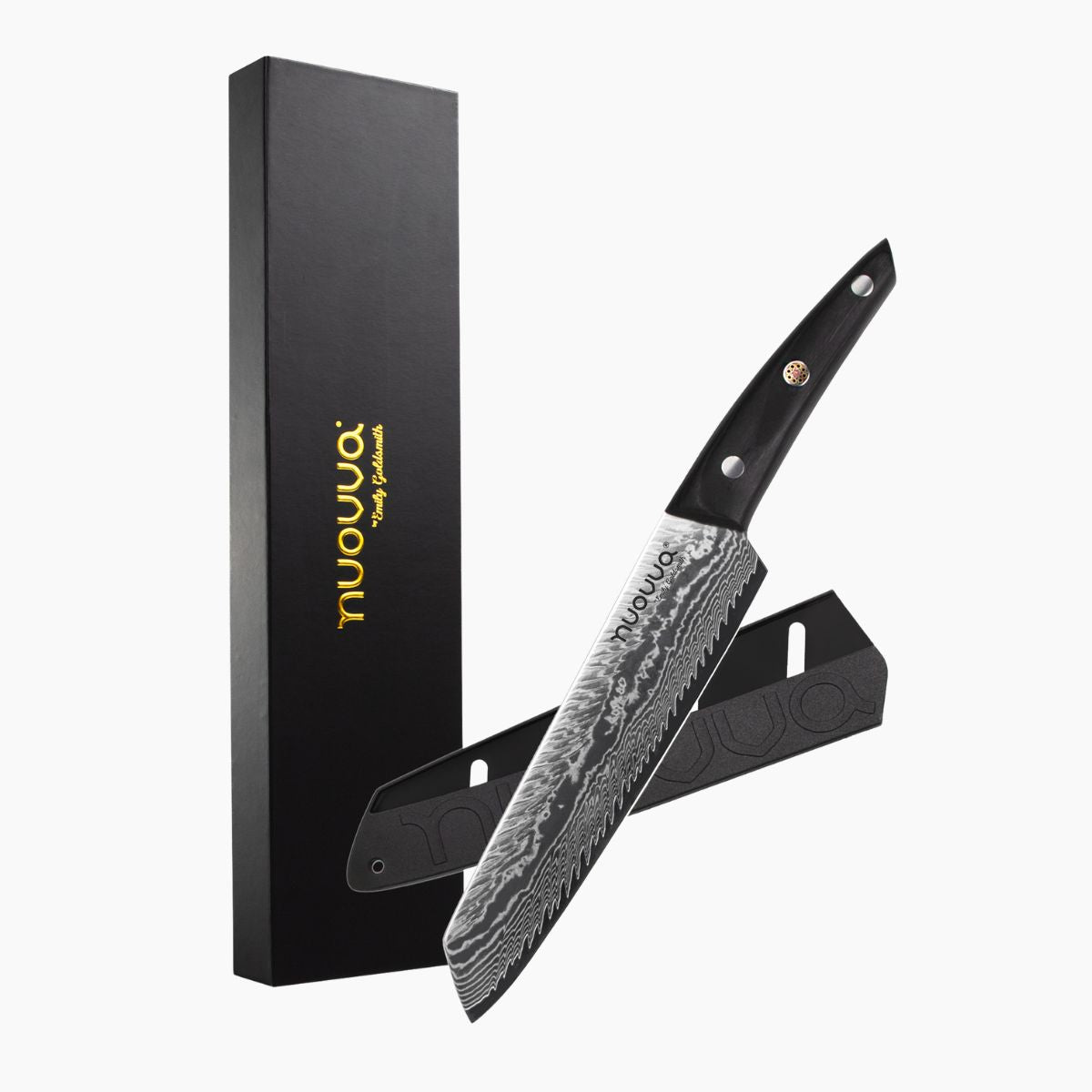 Japanese knife - Damascus steel filleting knife with protective sheath and clean packaging.