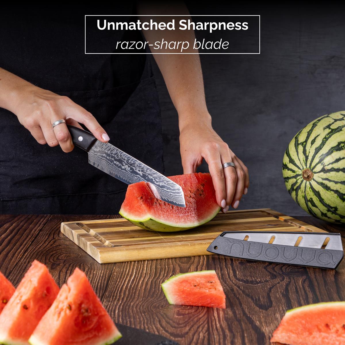 Nuovva Damascus steel filleting knife has unmatched sharpness with razor sharp blade and protective sheath.