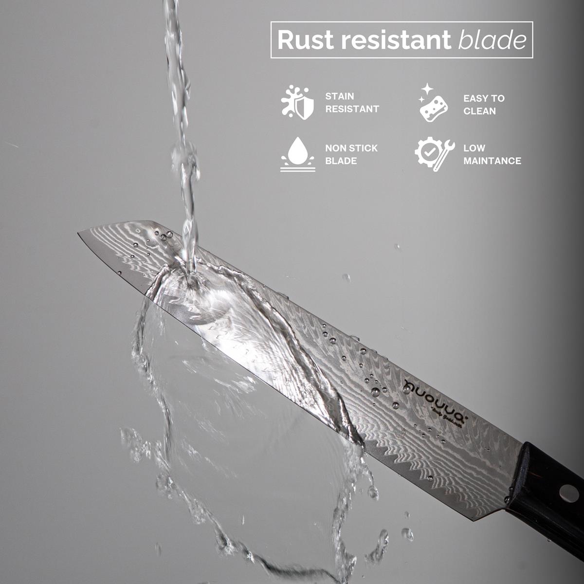 Nuovva Damascus steel slicing knife with stain & rust resistant blade, easy to clean and non stick.