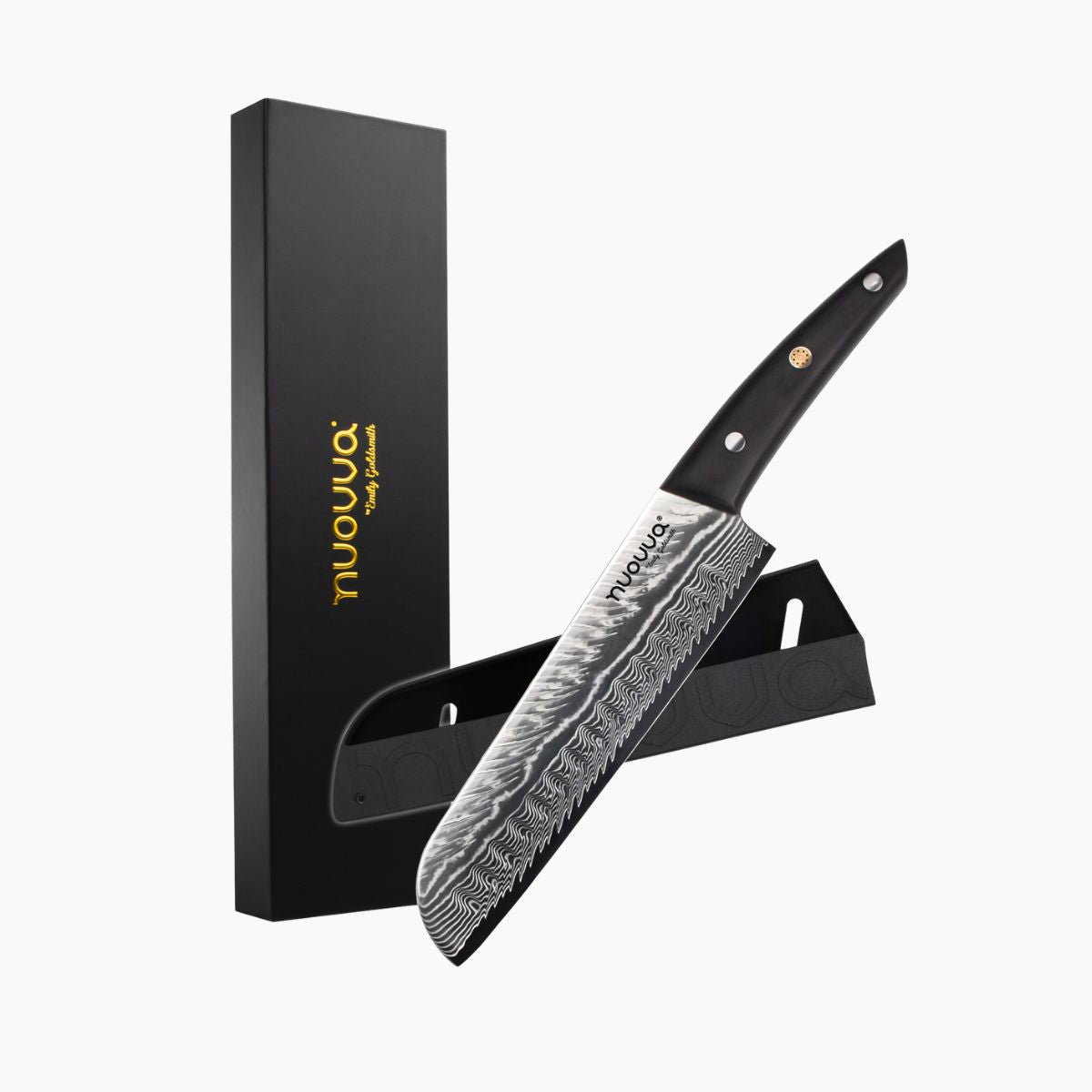 Nuovva Damascus steel Japanese Santoku knife with protective sheath and sleek packaging.