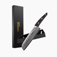 Nuovva Damascus steel Japanese Santoku knife with protective sheath and sleek packaging.