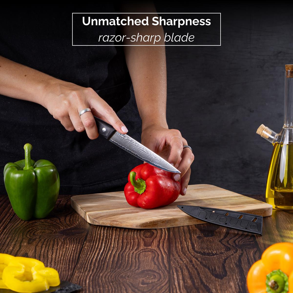 Nuovva Damascus steel utility knife has unmatched sharpness with its razor sharp blade.