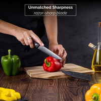 Nuovva Damascus steel utility knife has unmatched sharpness with its razor sharp blade.