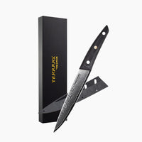 Nuovva Damascus steel utility knife with rosewood handle, protective sheath and packaging.