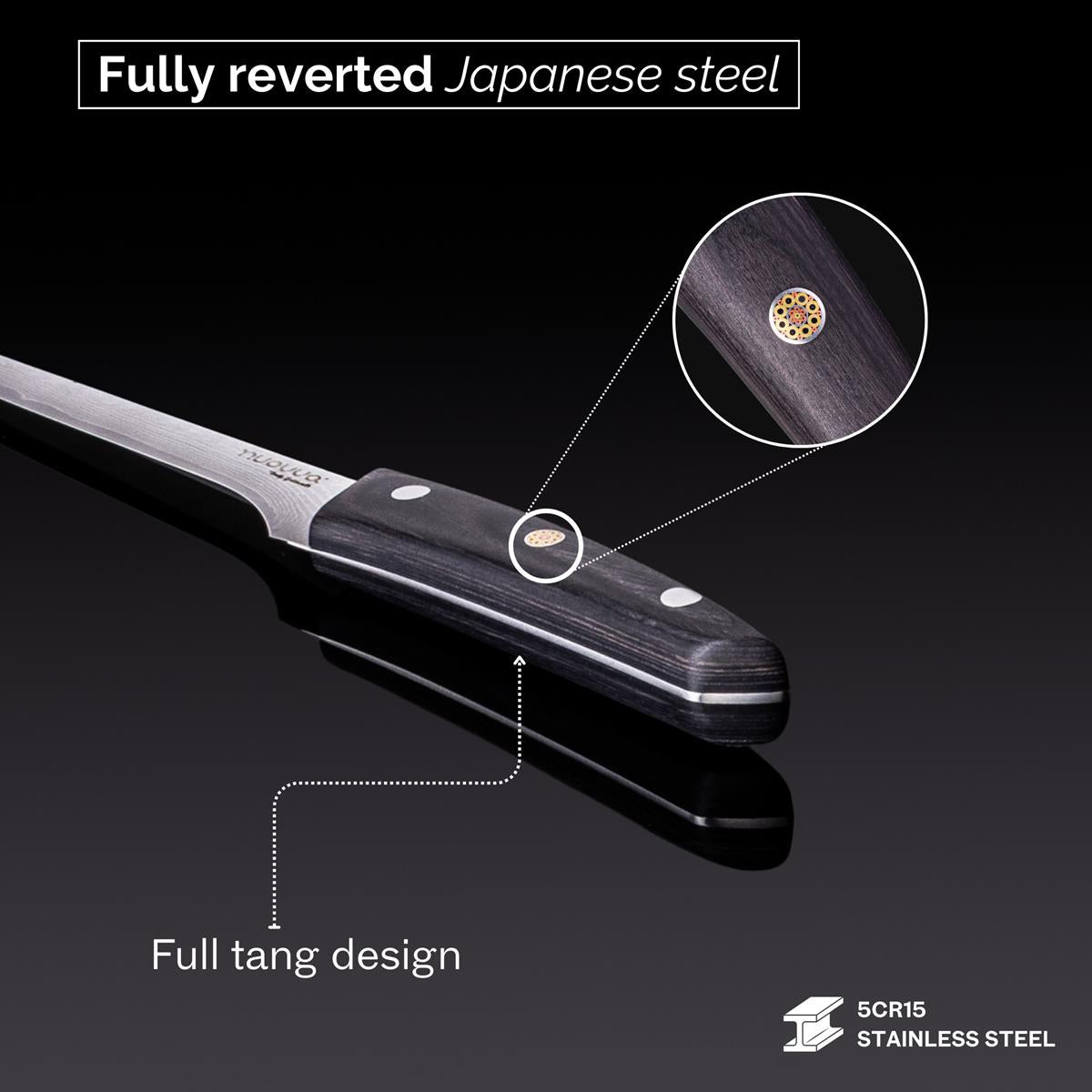 Fully reverted Japanese steel boning knife with full tang design.