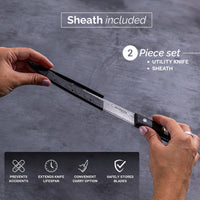 2pcs Damascus utility knife set with protective sheath to prevent accidents, extend lifespan and safely tore blades with convenient carry option.