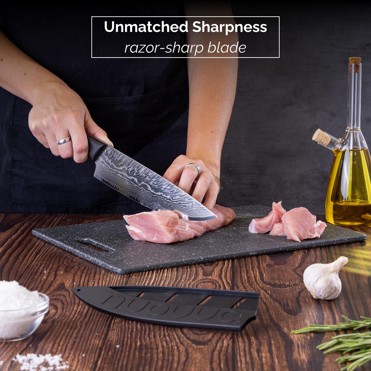 Damascus style Japanese Chefs knife with razor sharp blade and protective sheath