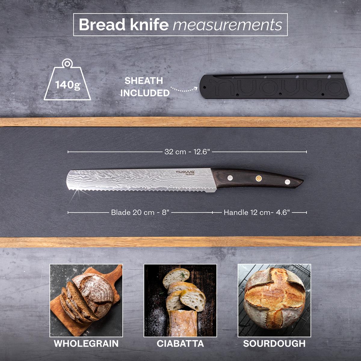 Nuovva 140g Japanese bread knife with protective sheath, 8 inch blade and 4.6 inch handle.