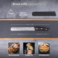 Nuovva 140g Japanese bread knife with protective sheath, 8 inch blade and 4.6 inch handle.