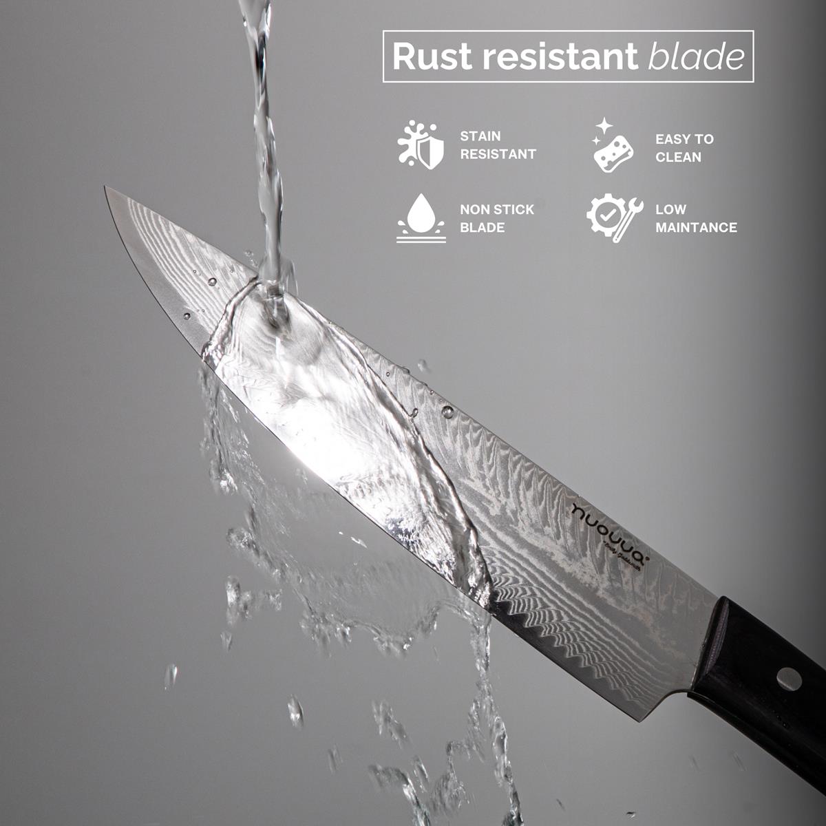Nuovva Damascus style Japanese knife with easy to clean, stain & rust resistant blades for low maintenance.