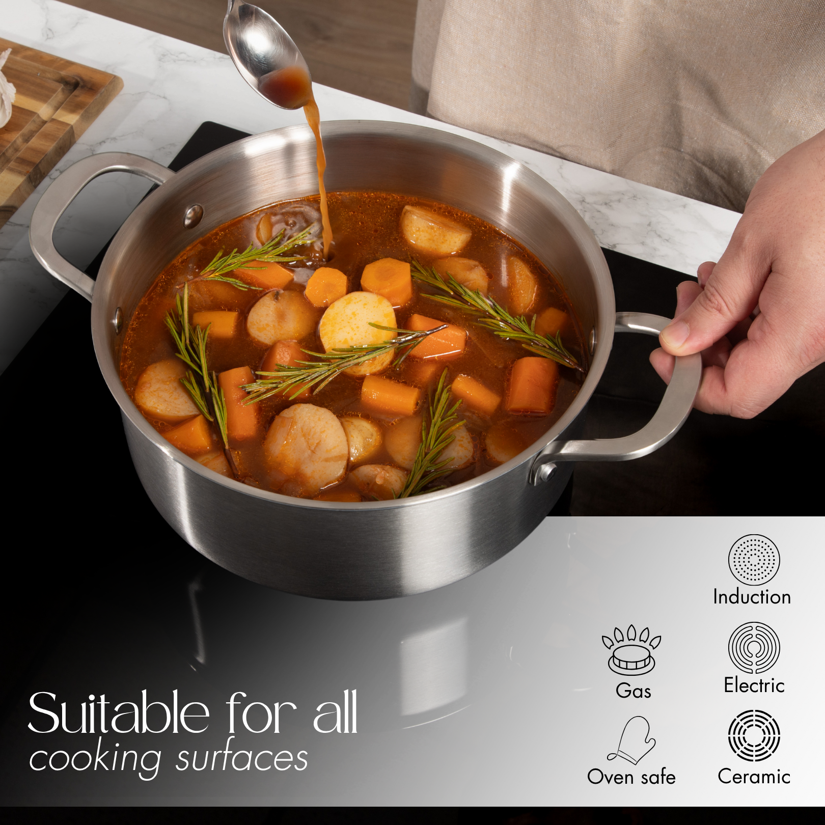 Stainless steel pot suitable for various cooking surfaces including induction and oven.