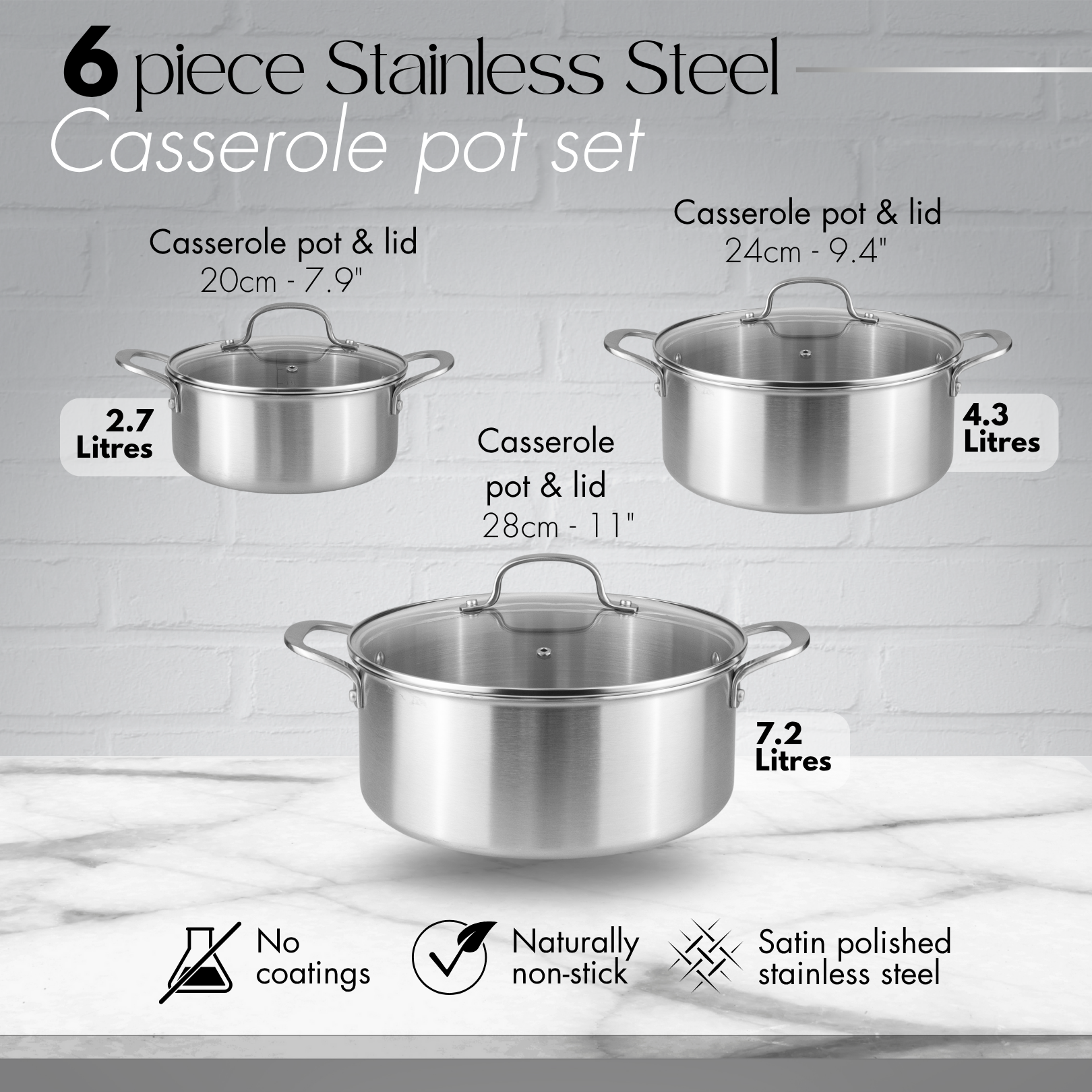 6pcs stainless steel casserole pot set includes a 2.7L, 4.3L and 7.2L casserole pot with glass lids - naturally non-stick for healthier cooking.