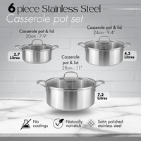 6pcs stainless steel casserole pot set includes a 2.7L, 4.3L and 7.2L casserole pot with glass lids - naturally non-stick for healthier cooking.