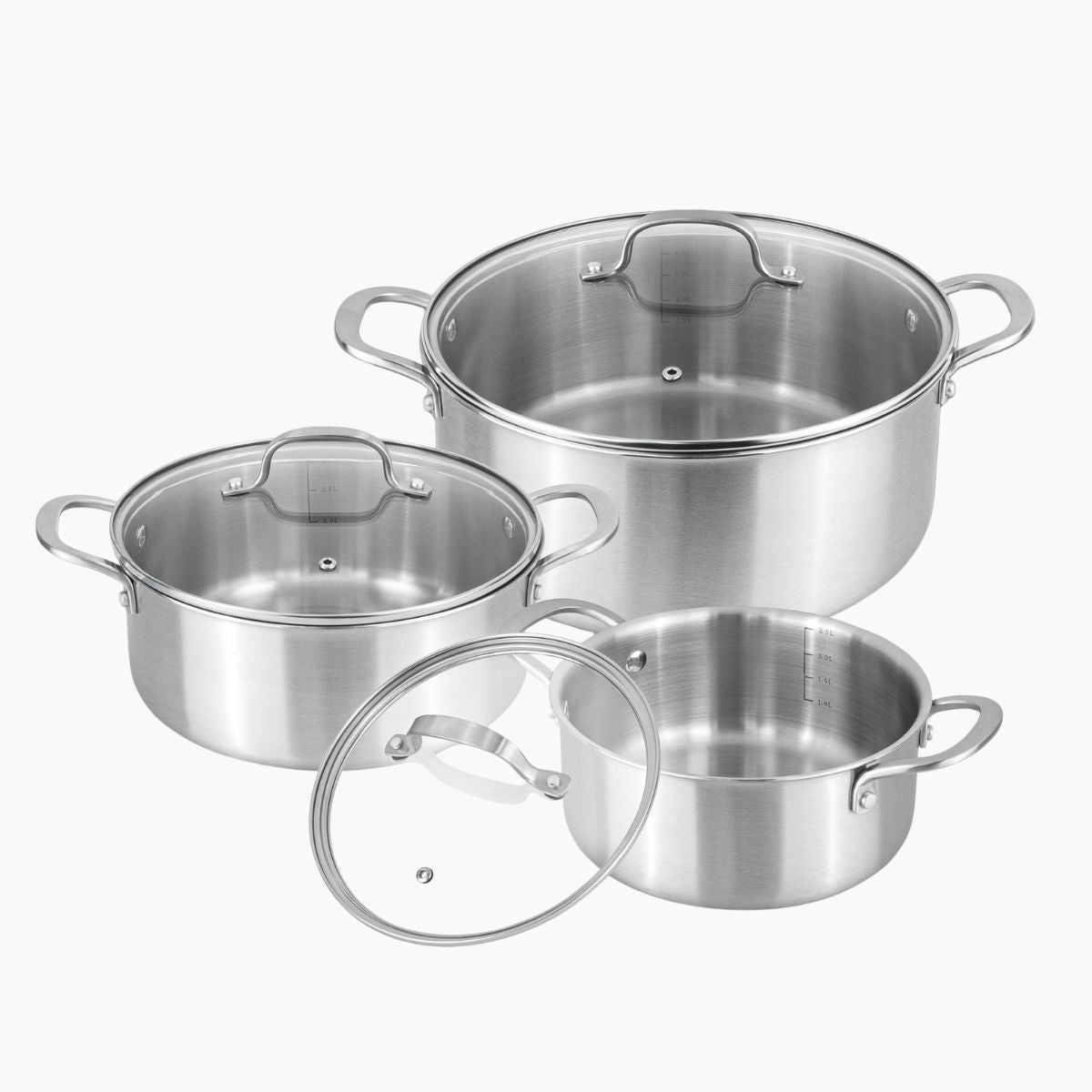Set of 3 stainless steel casserole pots with glass lids and riveted handles.