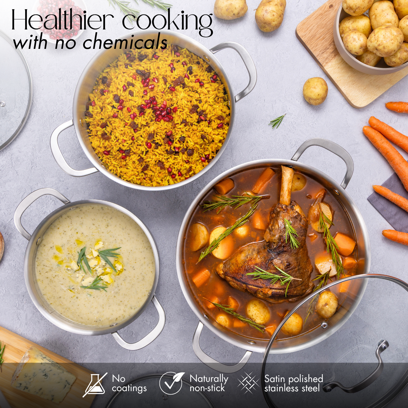 Stainless steel casserole pot set with glass lids, no coating and naturally non-stick for healthy cooking.