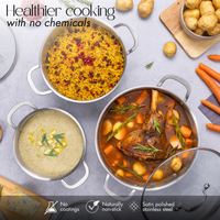 Stainless steel casserole pot set with glass lids, no coating and naturally non-stick for healthy cooking.