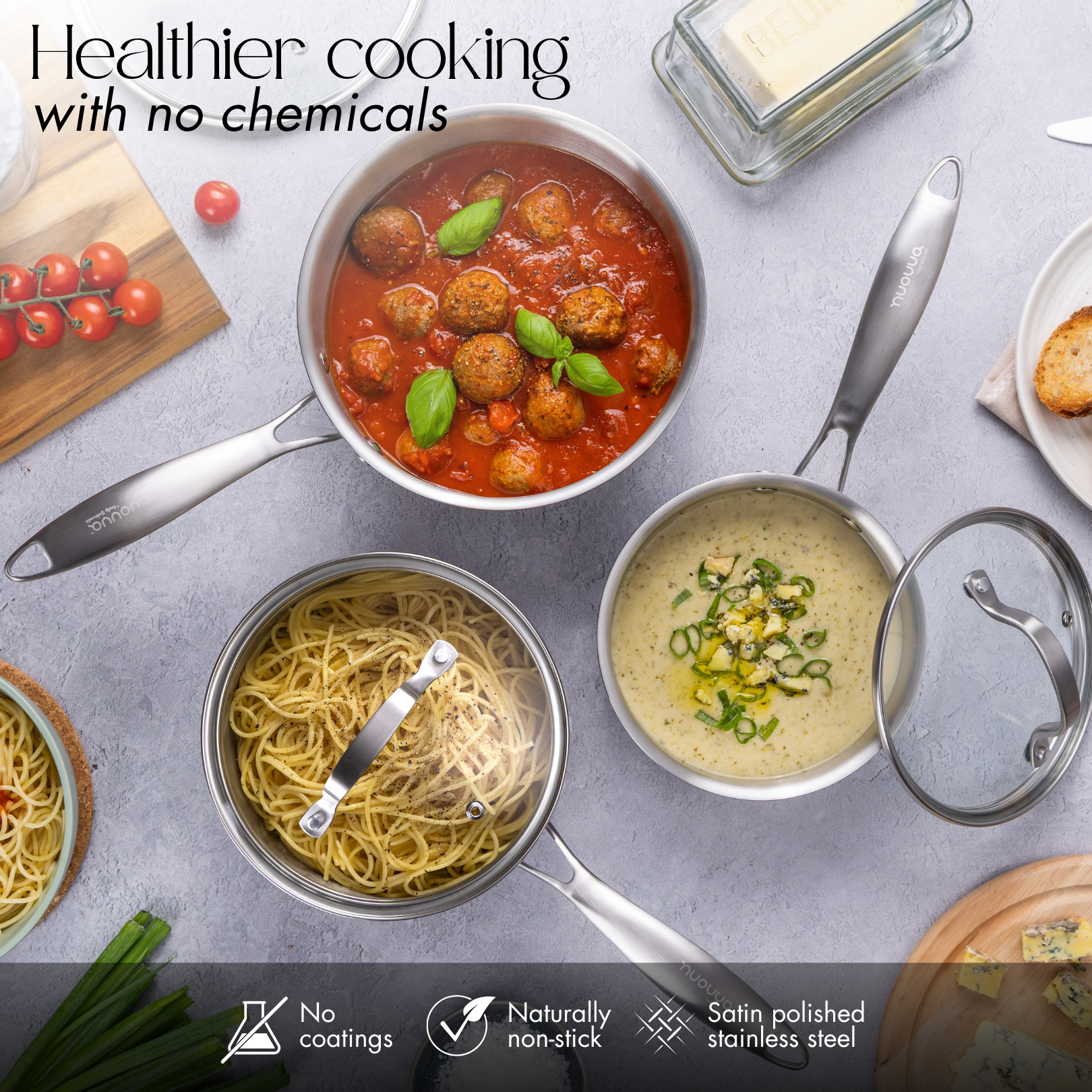 Cook healthier with stainless steel cookware set including 3 non-stick saucepans with glass lids.