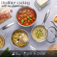 Cook healthier with stainless steel cookware set including 3 non-stick saucepans with glass lids.