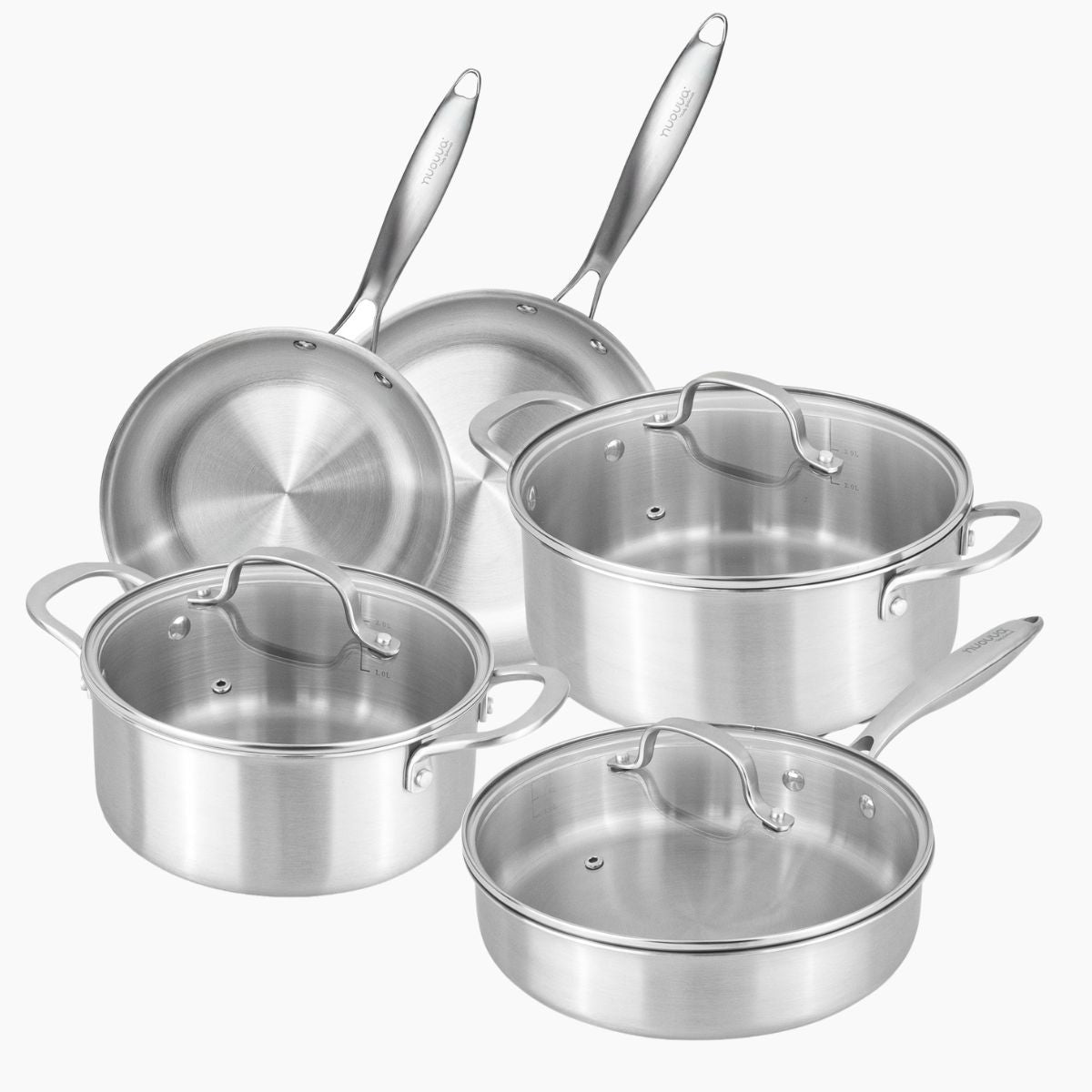 8pcs stainless steel cookware set with glass lids include frying pans, sauté pan and cooking pots.