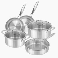 8pcs stainless steel cookware set with glass lids include frying pans, sauté pan and cooking pots.