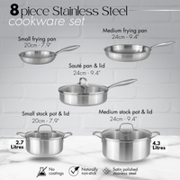 8pcs stainless steel cookware set includes 2x frying pans, sauté pan & lid and 2x stockpots with lids.