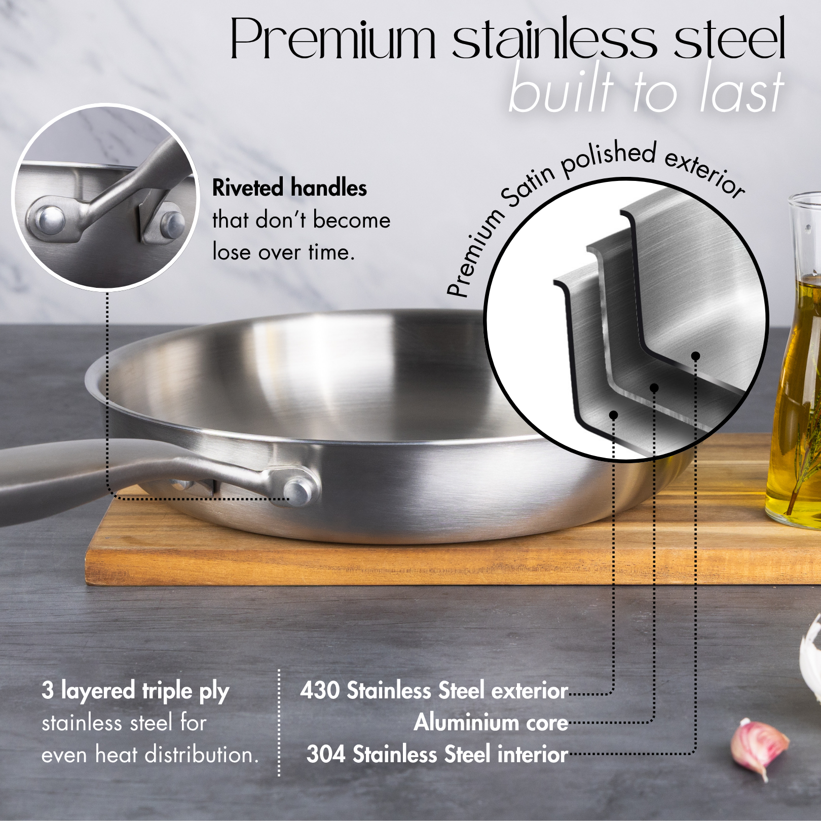 premium stainless steel frying pan with riveted handles and triple-ply base for even heat distribution.