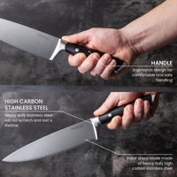 Nuovva high carbon stainless steel kitchen knife with razor sharp blade and ergonomic handle.
