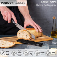 Nuovva high carbon stainless steel bread knife with protective sheath and edge retention for exceptional cutting performance.
