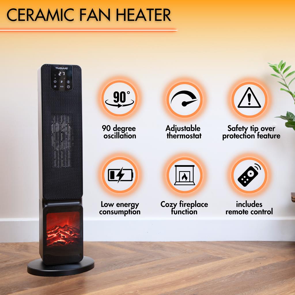 Black ceramic fan heater with low energy consumption, fireplace design and 90 degree oscillation.