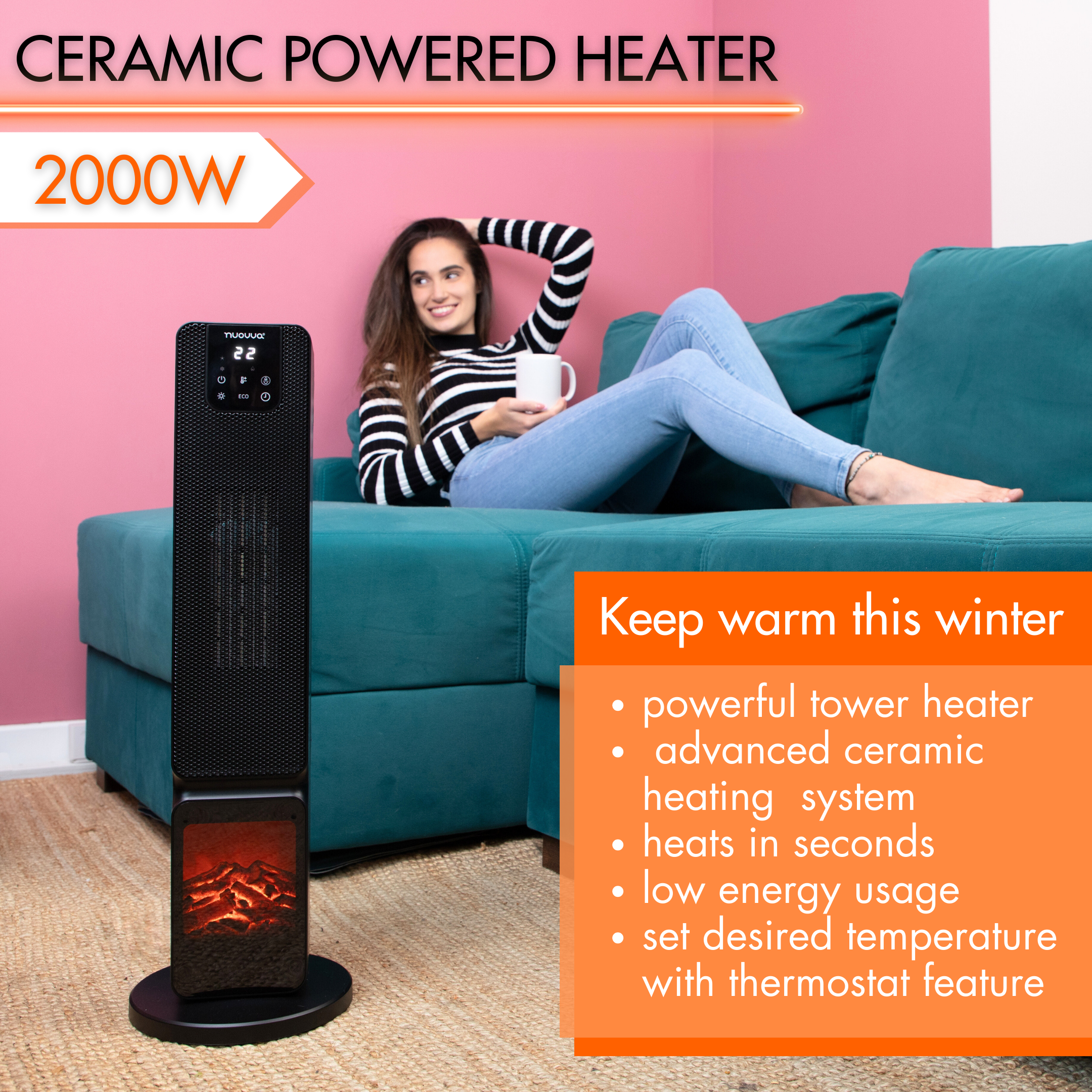 Black ceramic powered heat with fireplace display, low energy usage and thermostat feature.