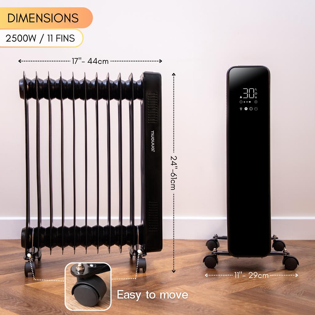 2500w Digital Touch screen radiator heater with wheels and dimensions.