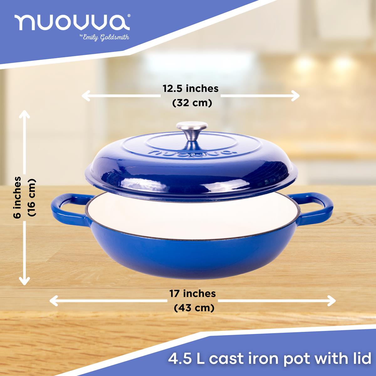 Nuovva 4.5L shallow cast iron pot with lid for efficient cooking and storing.