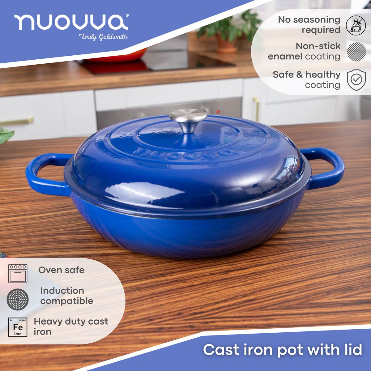 Nuovva dark blue cast iron pot with lid for oven safe cooking - induction compatible cookware for all stovetops.