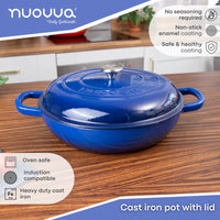 Nuovva dark blue cast iron pot with lid for oven safe cooking - induction compatible cookware for all stovetops.