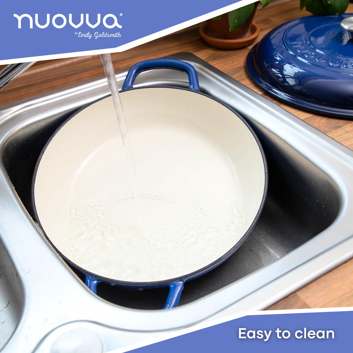 Nuovva dark blue easy to clean, cast iron casserole dish with lid, easy to clean and cook.